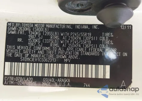 2012 Toyota Highlander Limited V6 из США, поврежденный, VIN 5TDYK3EH1CS062313